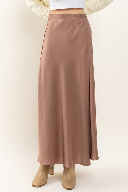 MOCHA SATIN SIDE SLIT MAXI SKIRT BIC60850