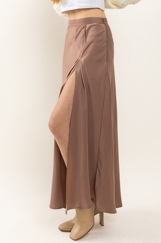 MOCHA SATIN SIDE SLIT MAXI SKIRT BIC60850