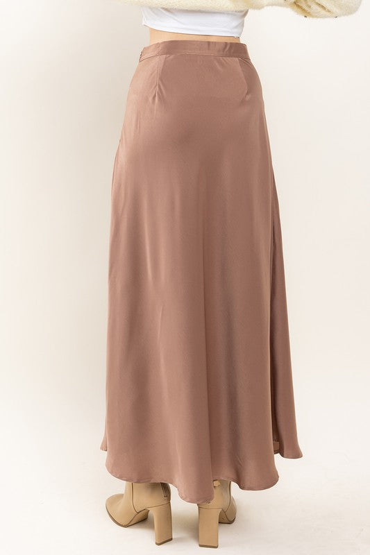 MOCHA SATIN SIDE SLIT MAXI SKIRT BIC60850