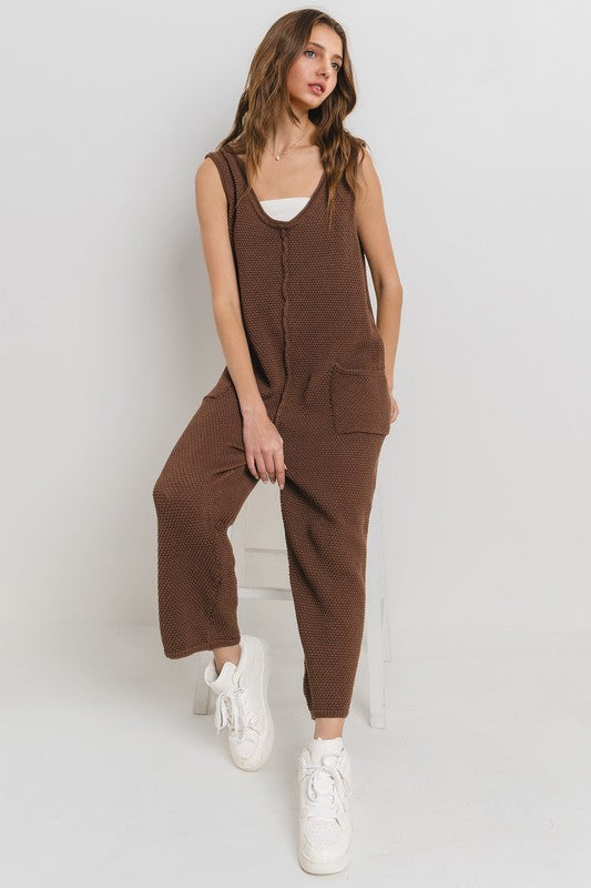 BROWN TEXTURED KNIT DETAILED SWEATER JUMPSUIT CFBIC60900