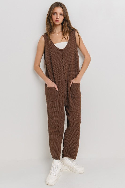 BROWN TEXTURED KNIT DETAILED SWEATER JUMPSUIT CFBIC60900