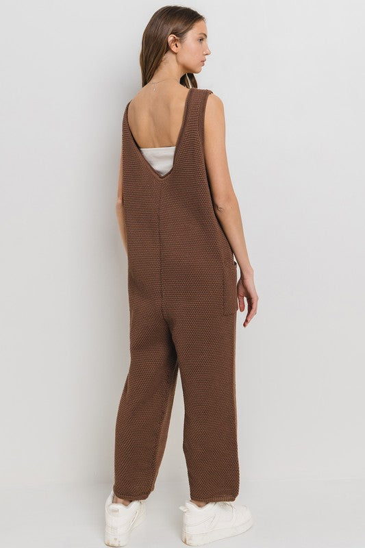 BROWN TEXTURED KNIT DETAILED SWEATER JUMPSUIT CFBIC60900