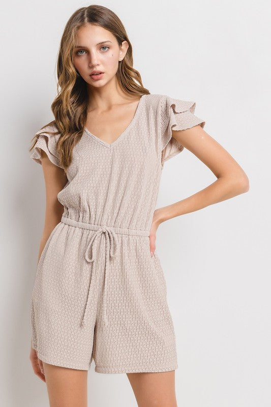 TAUPE TEXTURED RUFFLED SLEEVES KNIT ROMPER BLU61538SA