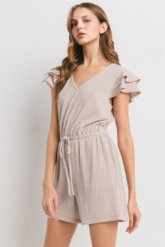 TAUPE TEXTURED RUFFLED SLEEVES KNIT ROMPER BLU61538SA