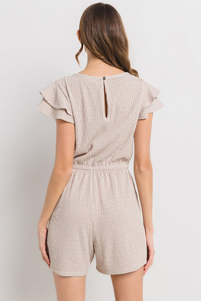 TAUPE TEXTURED RUFFLED SLEEVES KNIT ROMPER BLU61538SA