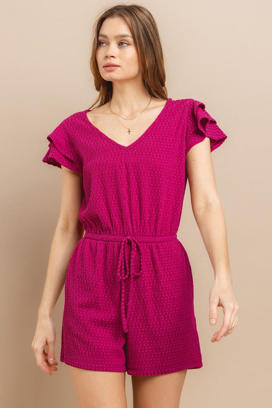 MAGENTA TEXTURED RUFFLED SLEEVES KNIT ROMPER BLU61538SA