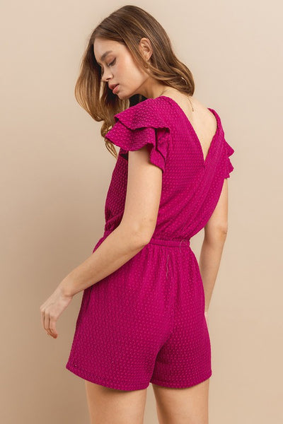 MAGENTA TEXTURED RUFFLED SLEEVES KNIT ROMPER BLU61538SA