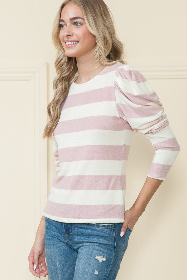 BLUSH STRIPE PUFF SHOULDER LONG SLEEVES TOP RJT4196