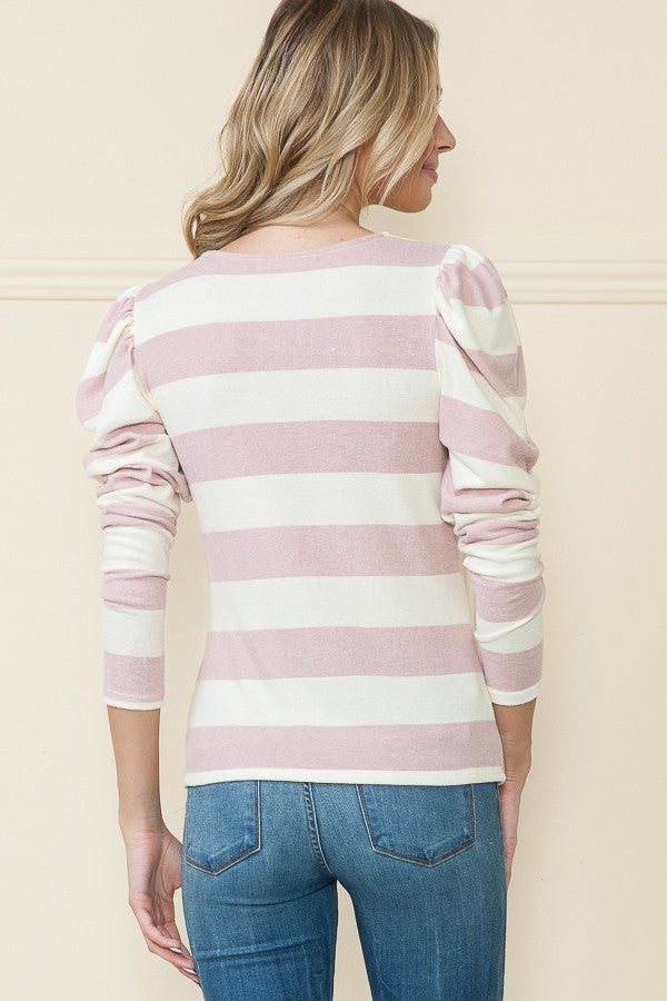 BLUSH STRIPE PUFF SHOULDER LONG SLEEVES TOP RJT4196