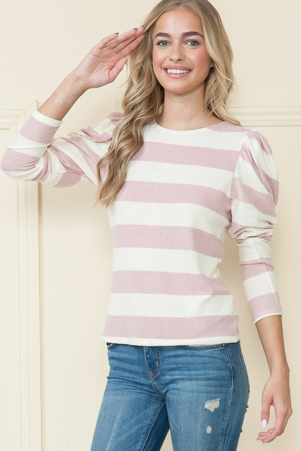 BLUSH STRIPE PUFF SHOULDER LONG SLEEVES TOP RJT4196