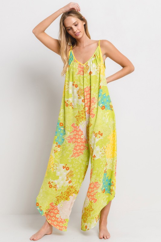 YELLOW FLORAL PRINT V-NECK JUMPSUIT BT6685WNPB