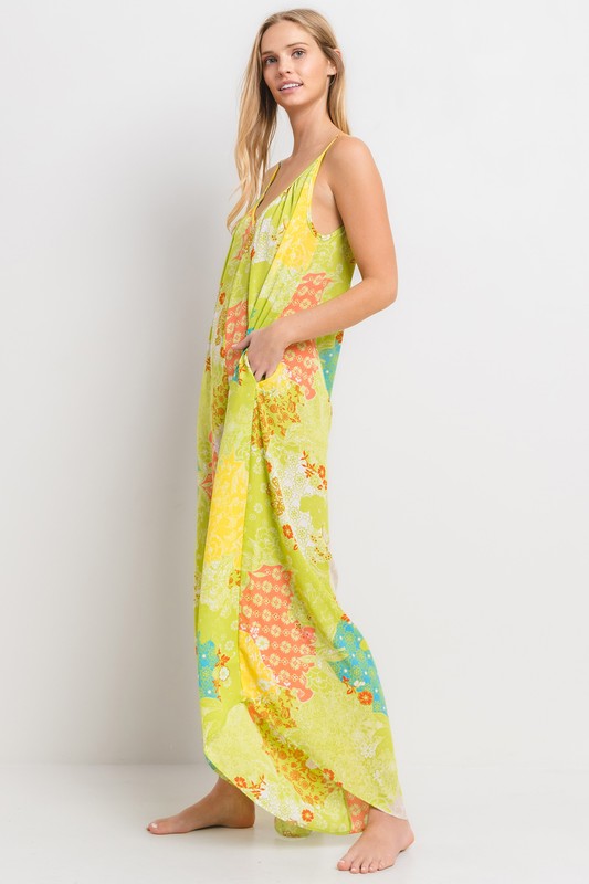 YELLOW FLORAL PRINT V-NECK JUMPSUIT BT6685WNPB