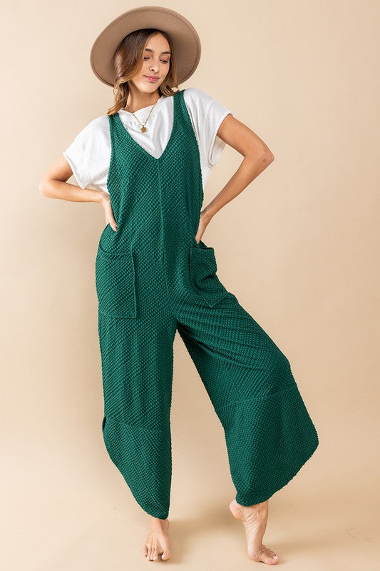 FOREST GREEN TEXTURED KNIT SLEEVELESS JUMPSUIT BU61004SA