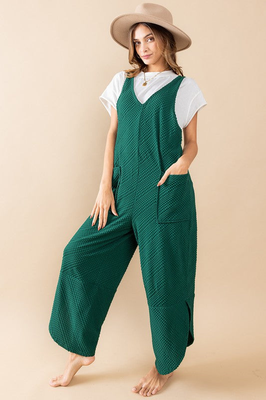 FOREST GREEN TEXTURED KNIT SLEEVELESS JUMPSUIT BU61004SA