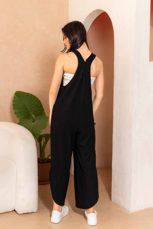 BLACK TEXTURED KNIT SLEEVELESS JUMPSUIT BU61004SA