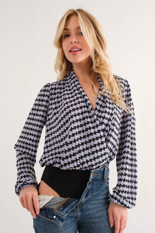 LAVANDER HOUNDSTOOTH V-NECK WRAP BODYSUIT BY61067PA