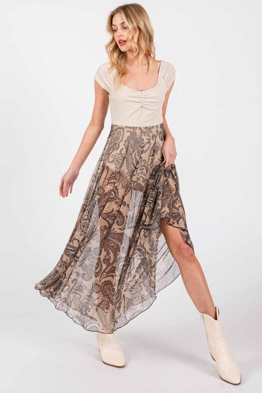 TAUPE PAISLEY MESH SKIRT SEE-THROUGH BODYSUIT CFBY61112PA