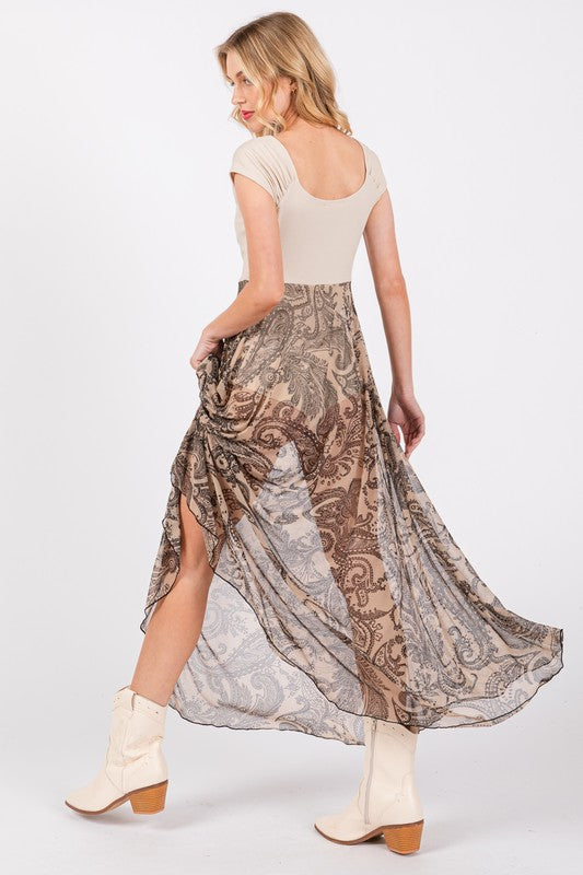 TAUPE PAISLEY MESH SKIRT SEE-THROUGH BODYSUIT CFBY61112PA