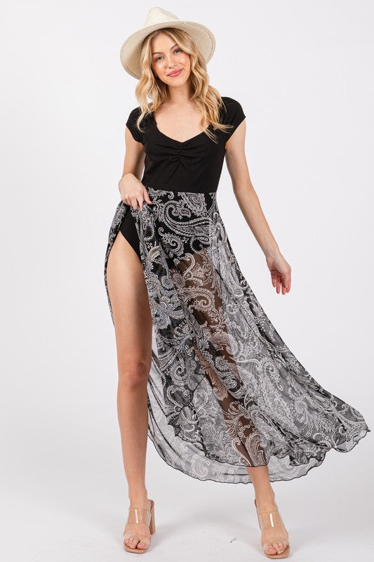 BLACK PAISLEY MESH SKIRT SEE-THROUGH BODYSUIT CFBY61112PA