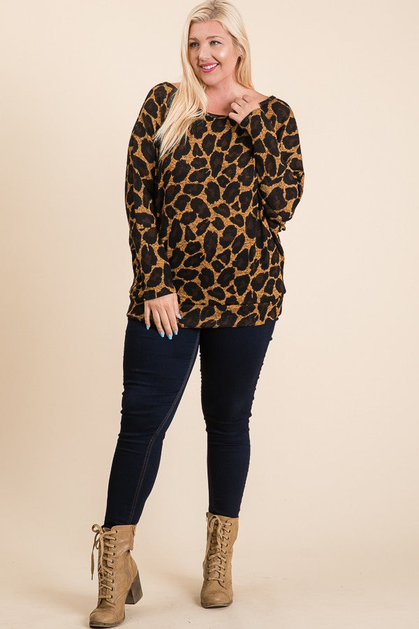 CAMEL ANIMAL PRINT LONG SLEEVES TUNIC PLUS SIZE TOP RJT5029XL