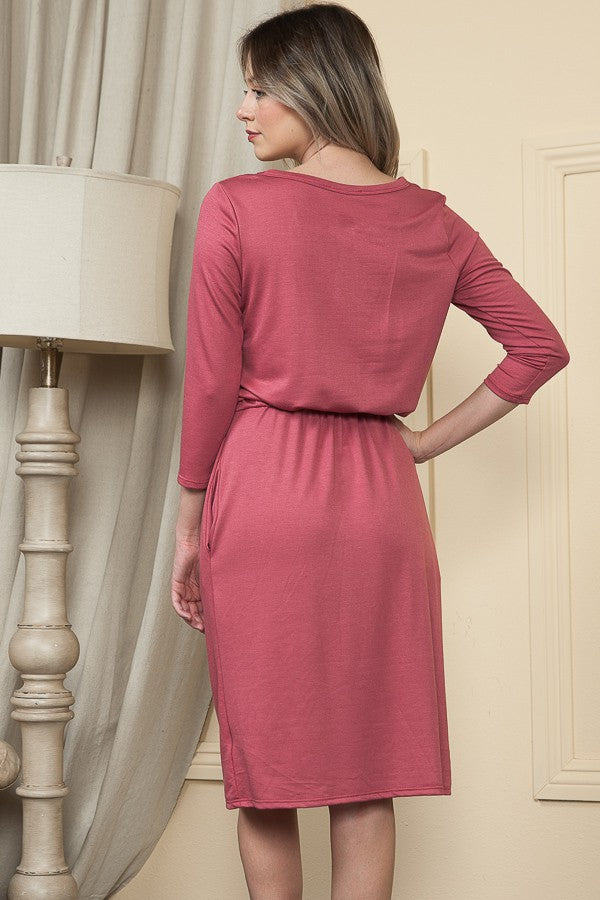 MAUVE LONG SLEEVES ELASTIC WAIST DRAWSTRING MIDI DRESS RJT4170-FT