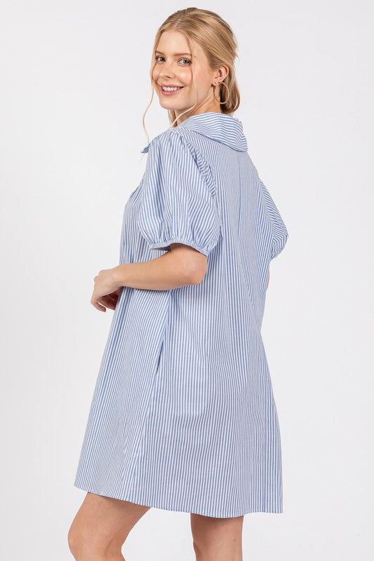 BLUE STRIPED COLLARED PUFF SLEEVES MINI DRESS DLU51348STA