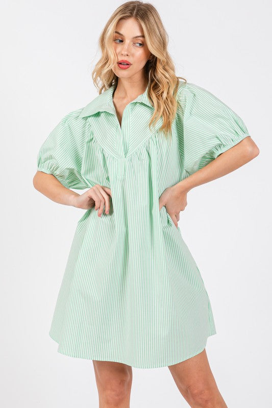 GREEN STRIPED COLLARED PUFF SLEEVES MINI DRESS DLU51348STA