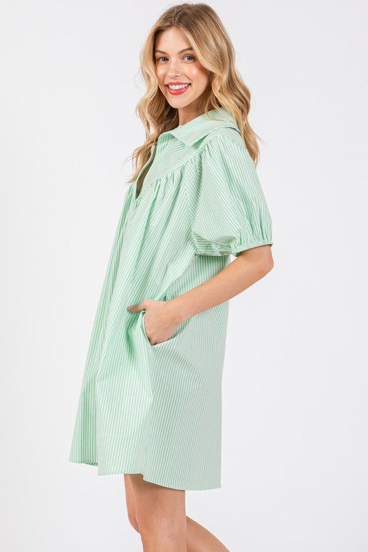 GREEN STRIPED COLLARED PUFF SLEEVES MINI DRESS DLU51348STA