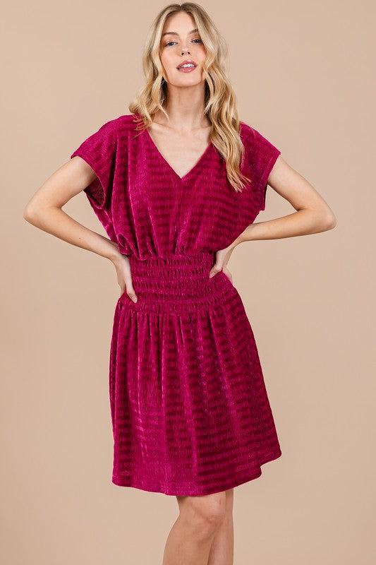 FUCHSIA TEXTURED KNIT SMOCKING DETAILED MINI DRESS CFDLU51382SA