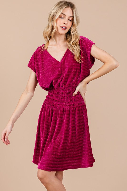 FUCHSIA TEXTURED KNIT SMOCKING DETAILED MINI DRESS CFDLU51382SA