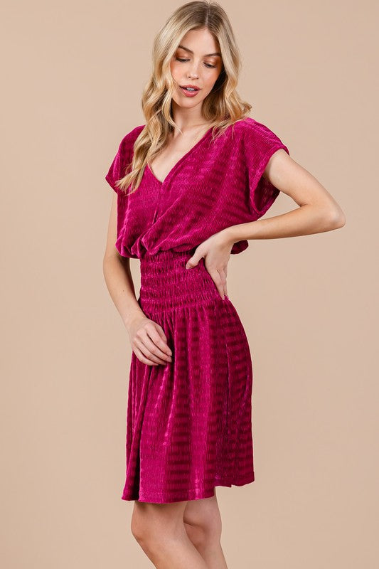 FUCHSIA TEXTURED KNIT SMOCKING DETAILED MINI DRESS CFDLU51382SA