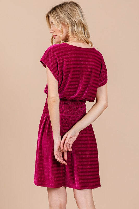 FUCHSIA TEXTURED KNIT SMOCKING DETAILED MINI DRESS CFDLU51382SA