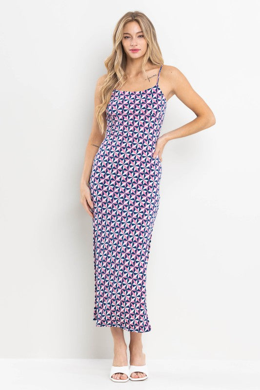 NAVY GEOMETRIC PRINT SIDE SLIT MAXI DRESS DY51116