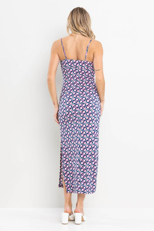 NAVY GEOMETRIC PRINT SIDE SLIT MAXI DRESS DY51116