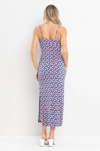 NAVY GEOMETRIC PRINT SIDE SLIT MAXI DRESS DY51116