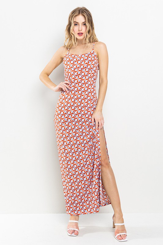 RED GEOMETRIC PRINT SIDE SLIT MAXI DRESS DY51116