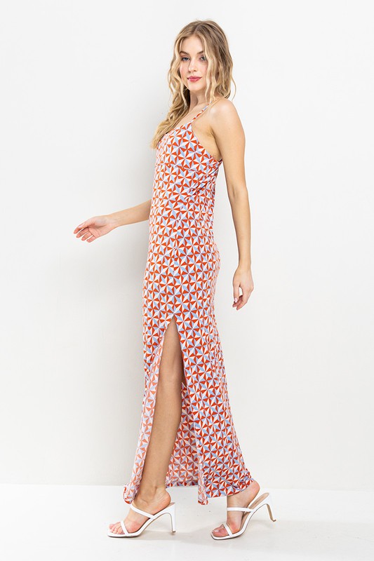 RED GEOMETRIC PRINT SIDE SLIT MAXI DRESS DY51116