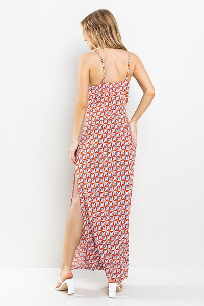 RED GEOMETRIC PRINT SIDE SLIT MAXI DRESS DY51116