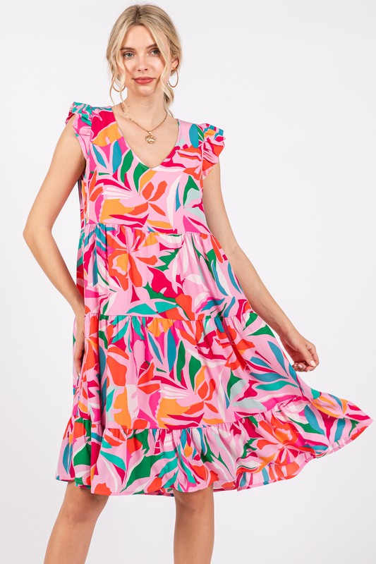 PINK FLORAL PRINT V-NECK TIERED  MIDI DRESS DY5391NPA