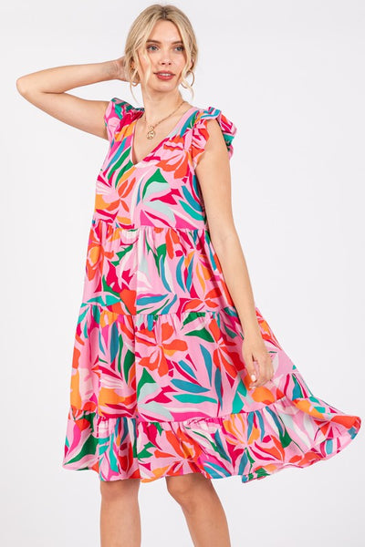 PINK FLORAL PRINT V-NECK TIERED  MIDI DRESS DY5391NPA