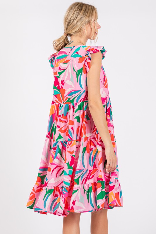 PINK FLORAL PRINT V-NECK TIERED  MIDI DRESS DY5391NPA