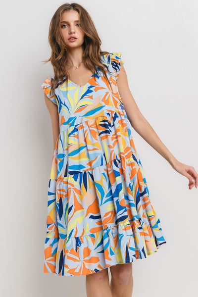 BLUE FLORAL PRINT V-NECK TIERED  MIDI DRESS DY5391NPA