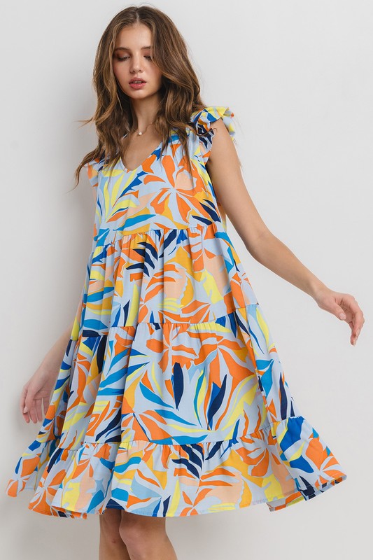 BLUE FLORAL PRINT V-NECK TIERED  MIDI DRESS DY5391NPA