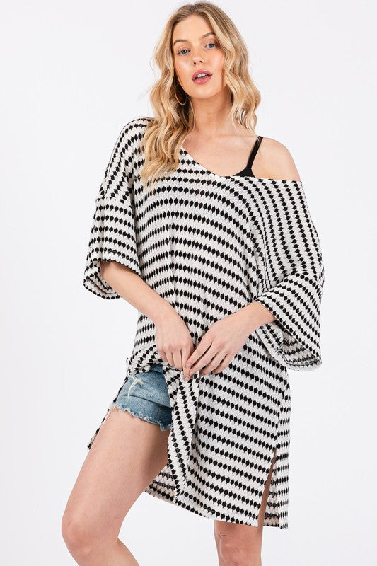 BLACK DOT STRIPED V-NECK TUNIC COVER UP MINI DRESS DY5605STA