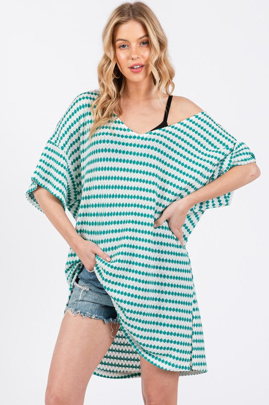 GREEN DOT STRIPED V-NECK TUNIC COVER UP MINI DRESS DY5605STA