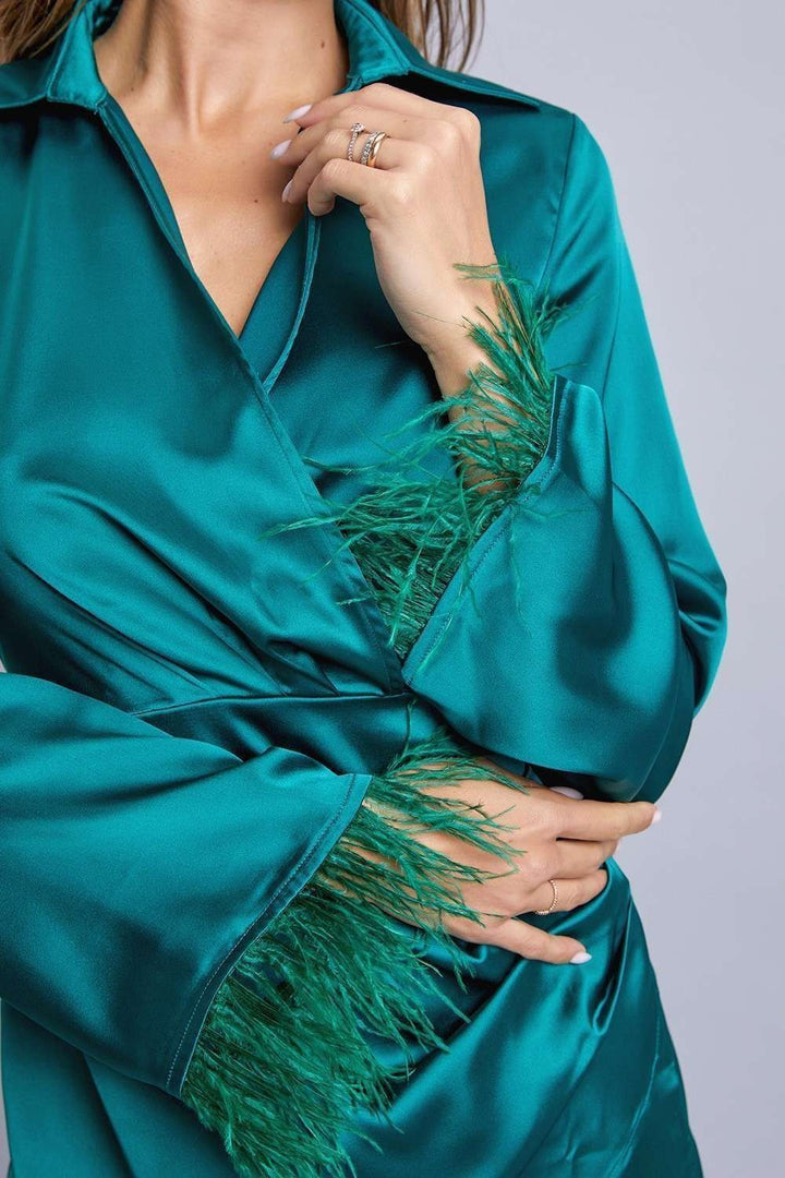 EMERALD GREEN FEATHER SLEEVES WRAP MINI DRESS ARD1518