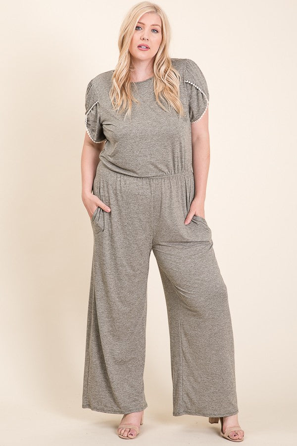 DUSTY GREY TRIM DETAILED SLEEVES  ELASTIC WAIST PLUS SIZE JUMPSUIT RJT6008RXL