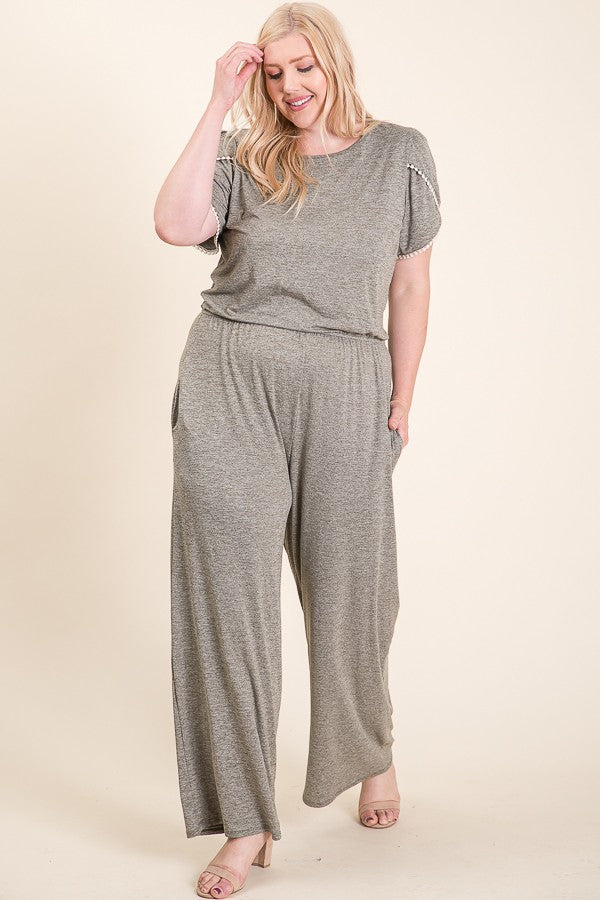 DUSTY GREY TRIM DETAILED SLEEVES  ELASTIC WAIST PLUS SIZE JUMPSUIT RJT6008RXL