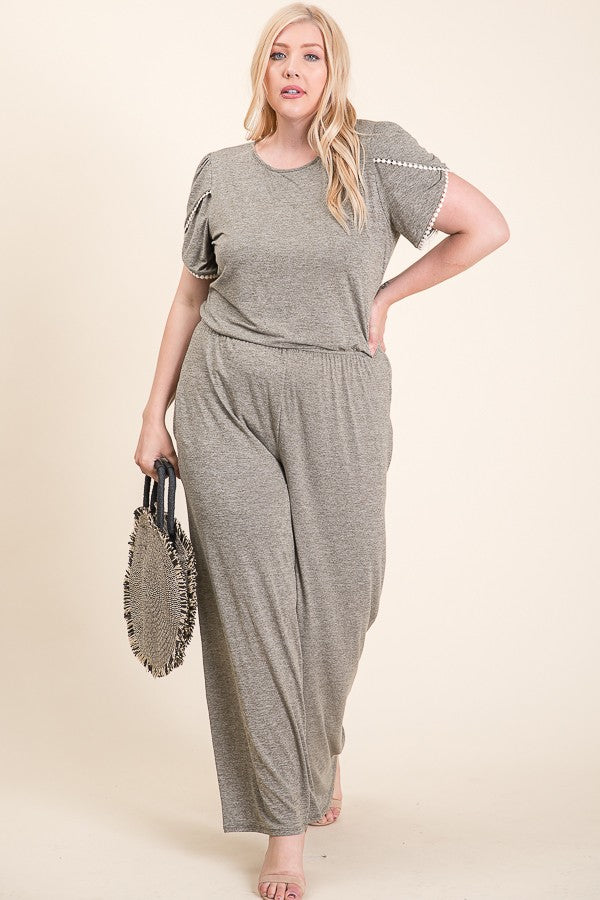 DUSTY GREY TRIM DETAILED SLEEVES  ELASTIC WAIST PLUS SIZE JUMPSUIT RJT6008RXL