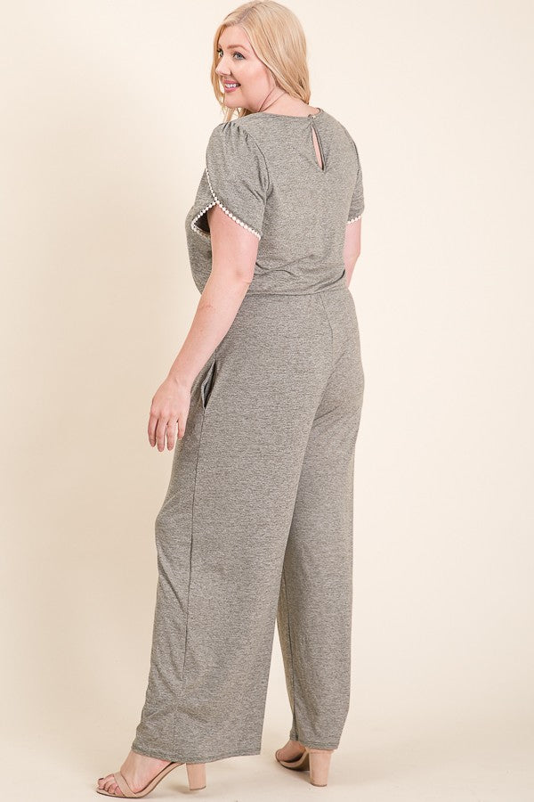 DUSTY GREY TRIM DETAILED SLEEVES  ELASTIC WAIST PLUS SIZE JUMPSUIT RJT6008RXL